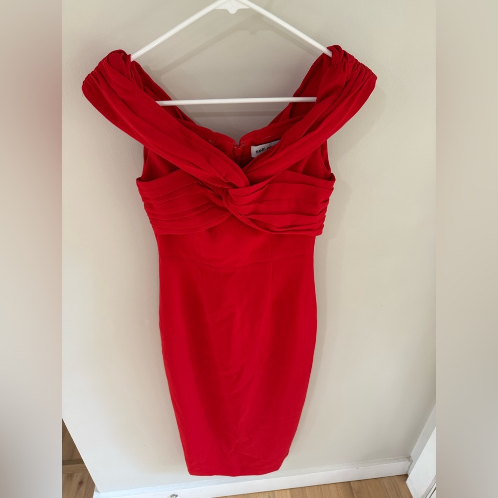 Self-Portrait Off Shoulder Ruched Sheath Midi Dress - Red - Size 0 - Picture 4 of 12